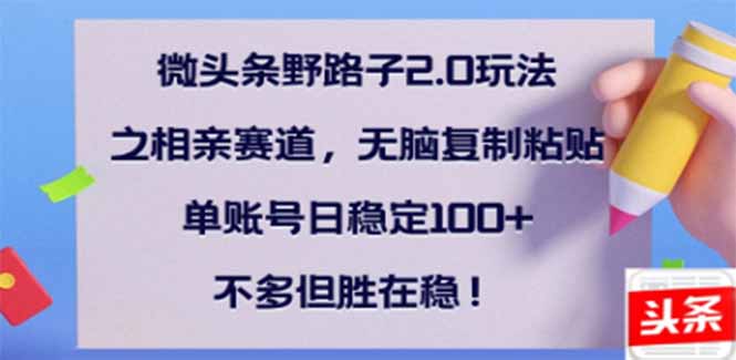 （14334期）微头条野路子2.0玩法之相亲赛道，无脑搬砖复制粘贴，单账号日稳定300+…-潜行者