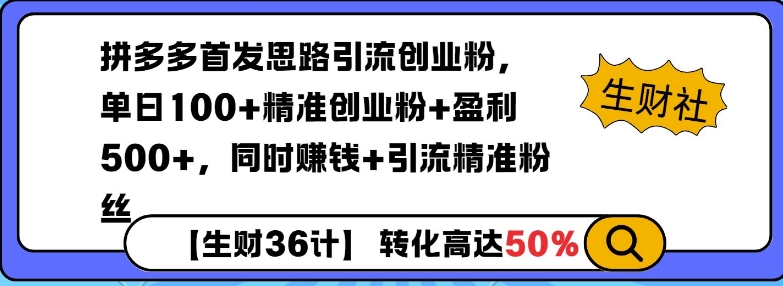 拼多多无敌思路引流创业粉，无脑矩阵开店，同时挣钱+引流精准粉丝-潜行者