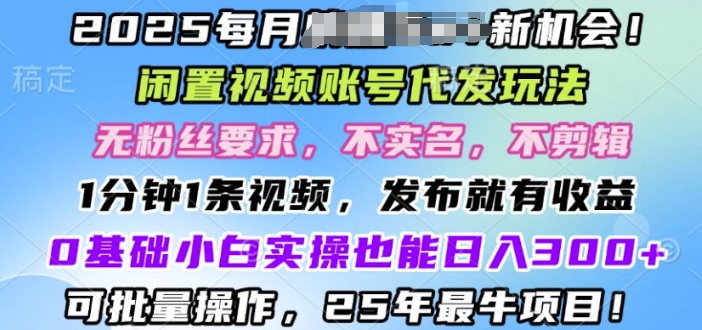 2025闲置视频账号一键代发玩法，0粉不实名不剪辑，领了视频直接发，0基础小白也能日入3张-潜行者