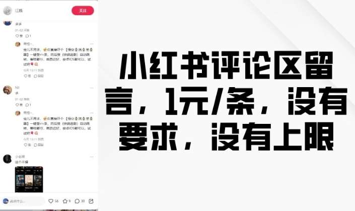 小红书评论区留言，1元条，没有要求，没有上限-潜行者