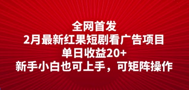 全网首发，2月最新红果短剧看广告项目，单日收益20+，新手小白也可上手，可矩阵操作-潜行者