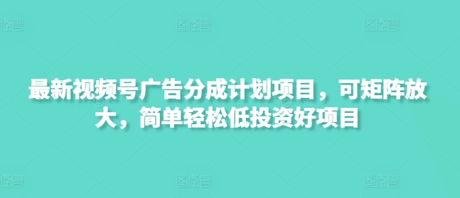 最新视频号广告分成计划项目，可矩阵放大，简单轻松低投资好项目-潜行者